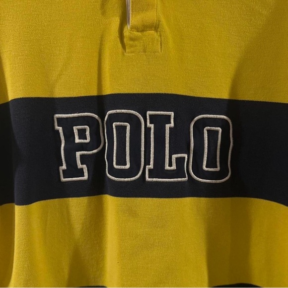 Y2K Men’s Polo Ralph Lauren Striped Yellow/Navy Rugby Polo Shirt Size Medium - Picture 3 of 6
